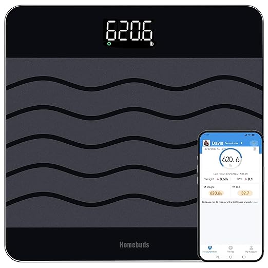 Homebuds 660lb Scale for Body Weight, Precision 0.1lb by Our Professional Scale Factory Since 2001, Smart Digital Weight Scale BMI Via APP, 8mm Non Slip Tempered Glass 12.4 * 12.4in, LED, Black