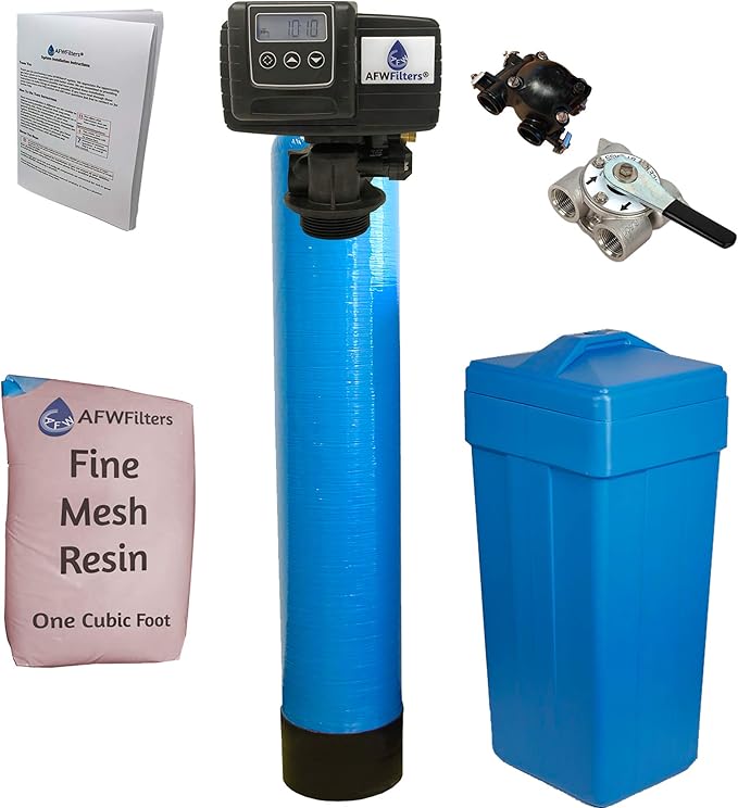 AFWFilters 1 Cubic Foot (32k) Whole Home Iron Pro Water Softener with Fine Mesh Resin, 3/4" Stainless Steel FNPT Connection, and Blue Tanks