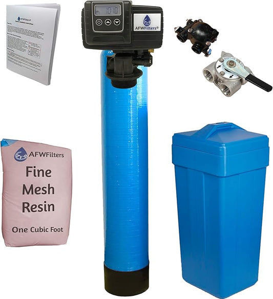 AFWFilters 1 Cubic Foot (32k) Whole Home Iron Pro Water Softener with Fine Mesh Resin, 3/4" Stainless Steel FNPT Connection, and Blue Tanks
