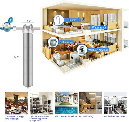 Amwater NSF/ANSI 42 Stainless Steel Whole House Water Filter Housing, 20" x 2.5" Sediment Water Filter System for Heavy Duty, Well & City Water, 3/4" NPT Port, Drain Valve Style C(Square Head)