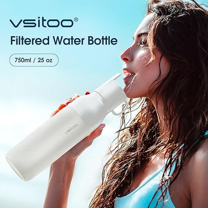 VSITOO 25oz Insulated Stainless Steel Filtered Water Bottle for Travel and Everyday Use ，5-Stage 0.01μm Ultra-strong Filtration，Reusable，Improves Taste，for Hiking, Cycling, Gym & Outdoor Use，White