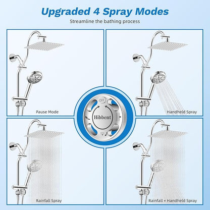 Hibbent cUPC Certified All Metal 10" Rainfall Showerhead Combo, High Pressure Shower Head with 10-Spray Mode Handheld, Innovative 4-way Diverter with Pause Mode, 71'' Shower Hose and Holder, Chrome