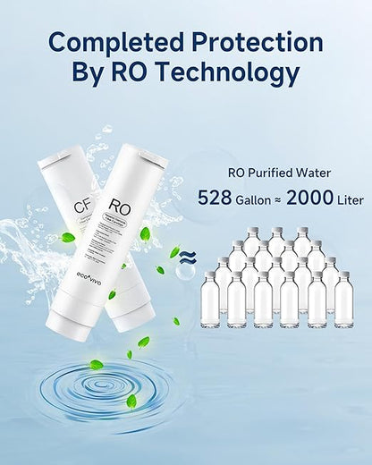 Ecoviva Countertop Reverse Osmosis Water Filter, 6 Stage RO Water Filtration System with 44 oz Glass Carafe, No Installation Water Purifier, 3:1 Pure to Drain, Black