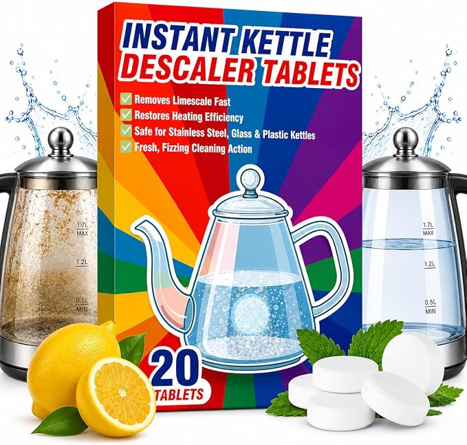 Kettle Descaler Tablets, 20 Pack Citric Acid Cleaner for Electric Kettles | Citric acid descaling tablets, limescale removal, hard water buildup, electric kettles, shower heads