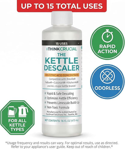 Think Crucial Electric Kettle Descaler, 15 Uses, 35% Citric Acid Concentrate — Compatible with Breville, Fellow, Cuisinart, KitchenAid — 16 fl oz