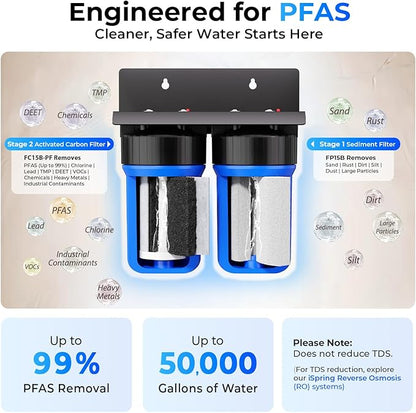 iSpring PFAS Whole House Water Filter System,SGS-Tested to Remove up to 99% PFAS,2-Stage Filtration Reduces Sediment, Chlorine, Chemical, Taste & Odor, 10-Inch Filters,1" Inlet/Outlet Model: WGB21B-PF