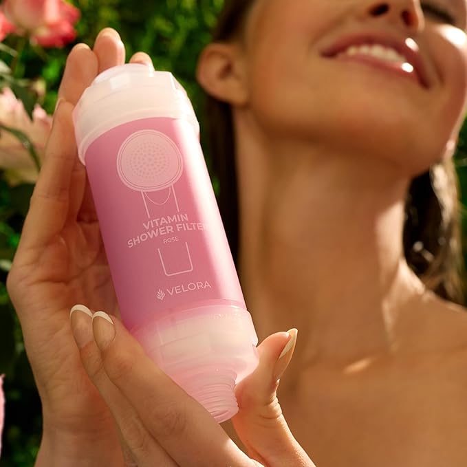 VELORA Vitamin C Shower Filter - Rose-Scented Aromatherapy Shower Water Filter and Softener - Universal Showerhead Bathroom Attachment - Replenish Dry Skin, Soften and Nourish Hair