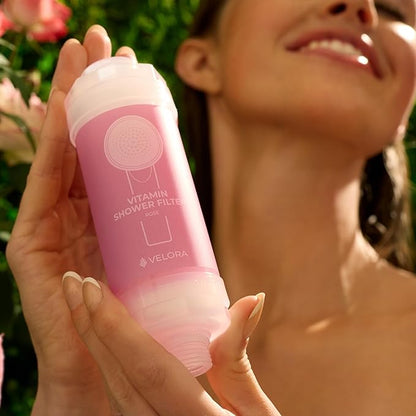 VELORA Vitamin C Shower Filter - Rose-Scented Aromatherapy Shower Water Filter and Softener - Universal Showerhead Bathroom Attachment - Replenish Dry Skin, Soften and Nourish Hair
