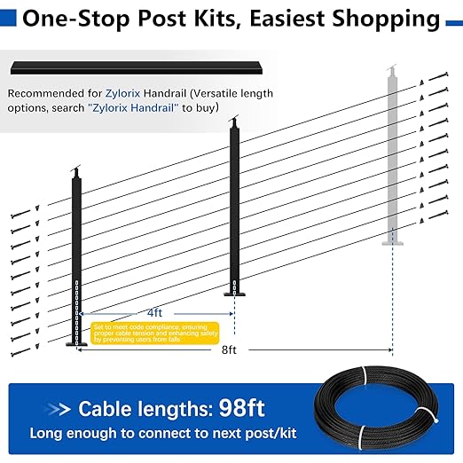 36" Modular 2-8FT Black T304 Stair Cable Railing Post Kit, Complete Cable Railing System with 2 Stair Posts, 98ft 1/8" Wire Rope(No Handrail), Adjustable Length Easy DIY for 28-38° Stairway
