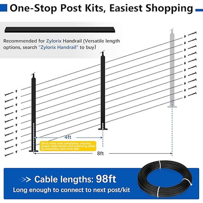 36" Modular 2-8FT Black T304 Stair Cable Railing Post Kit, Complete Cable Railing System with 2 Stair Posts, 98ft 1/8" Wire Rope(No Handrail), Adjustable Length Easy DIY for 28-38° Stairway