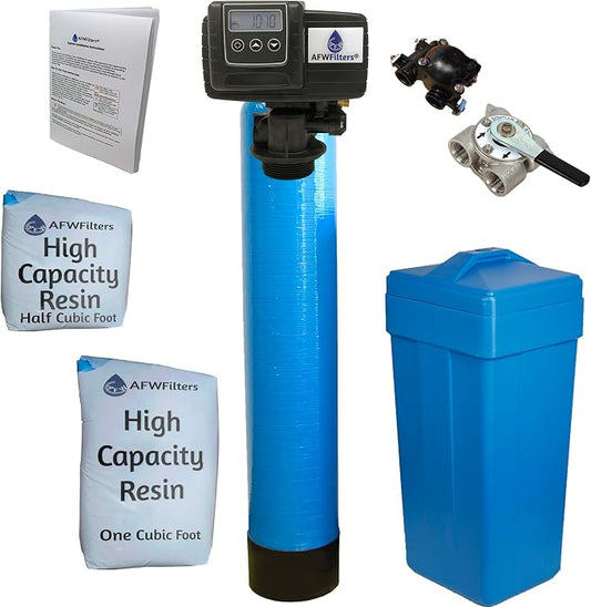 AFWFilters 1.5 Cubic Foot (48k) Whole Home Water Softener with High Capacity Resin, 3/4" Stainless Steel FNPT Connection, and Blue Tanks