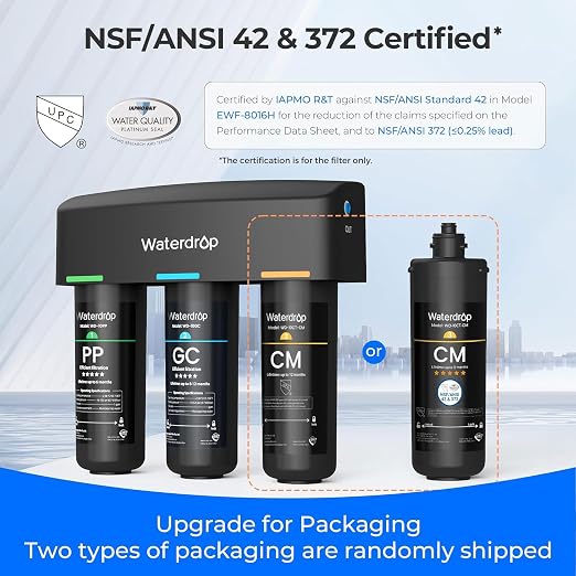 Waterdrop TSB-10-CM Under Sink Water Filter System, Reduce Chloramine | For CA, FL and Washington, D.C., Under Sink Water Filtration System, with Brushed Nickel Faucet, NSF/ANSI 42 Certified