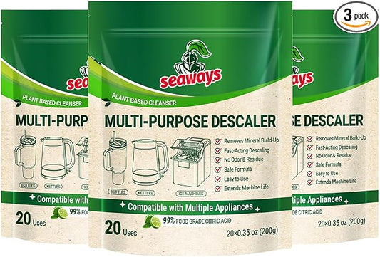 Seaways Descaler & Cleaner Powder Packets (60 Uses, 3-Pack Value Bundle) | Descaling Solution for Nespresso, Coffee Machine, Ice Maker & Kettle | Citric Acid Limescale Remover | 20×0.35 oz