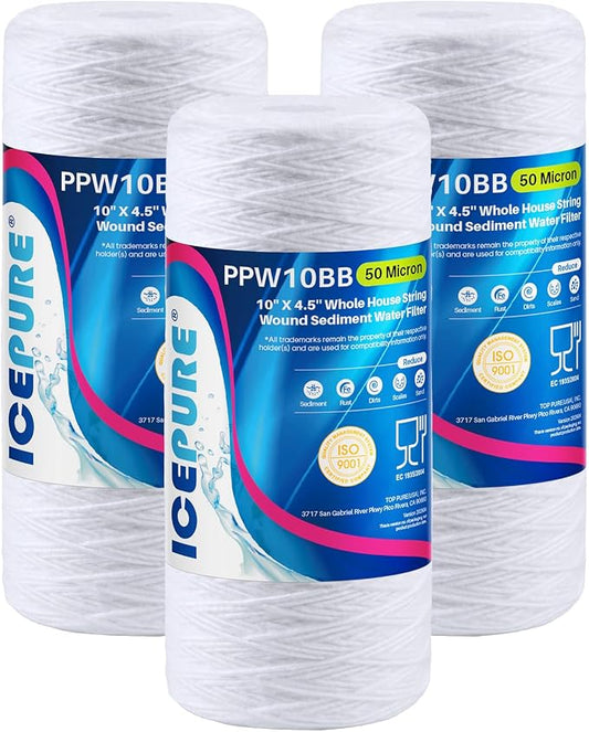 ICEPURE 50 Micron 10”*4.5'' Whole House Sediment String Wound Water Filter Replacement filter for 84637, WPX5BB97P, PC10, 355214-45, 355215-45, WP10BB97P, WP5BB97P, 3 PACK