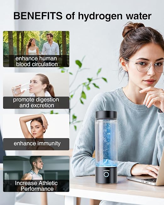 Hydrogen Water Generator Bottle - 400ml Rechargeable Ionizer, Portable Hydrogen Rich Water Cup Maker, Travel, Sports, Gift (Black)