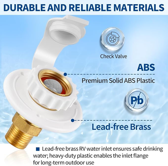 RV City Water Fill Inlet Flange Check Valve Water Hookup Connector 3/4 NH Female to 1/2 NPT Male Mount Lead-Free Brass Flush RV Water Backflow Preventer with Dust Plug for RV Camper Motorhome