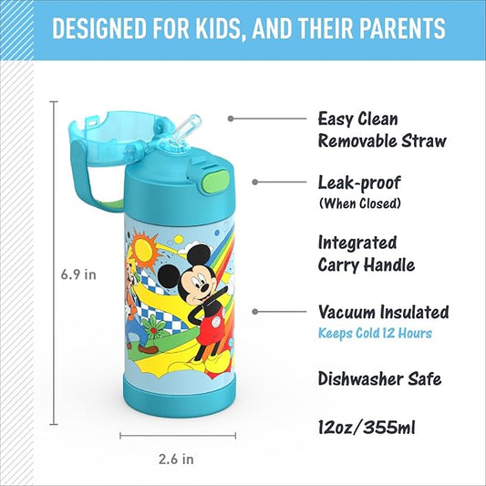 THERMOS FUNTAINER Water Bottle with Straw - 12 Ounce - Kids Stainless Steel Vacuum Insulated Water Bottle with Lid,Mickey Mouse,(Pack of 6)