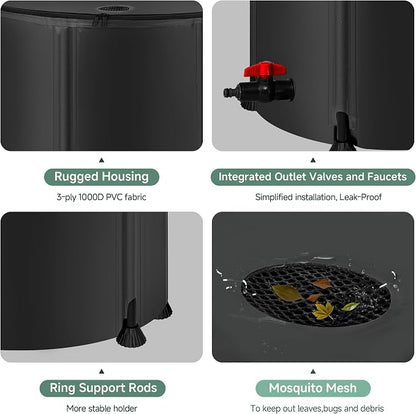 Collapsible Rain Barrel Water Storage Containers-105 Gallon Portable Rainwater Collect System Water Tank to Collect Rainwater from Gutter Downspout Water Catcher with Spigots,Filter＆Overflow Kits