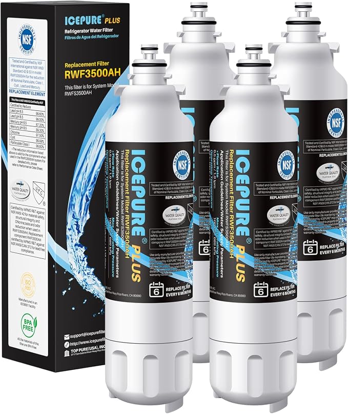 ICEPURE PLUS 46-9490 NSF/ANSI 53 NSF/ANSI 42 Certified Compatible with LG LT800P, ADQ73613401, ADQ73613408, ADQ75795104, LMXS30776S, LSXS26366D, Kenmore 9490 Refrigerator Water Filter, 4PACK