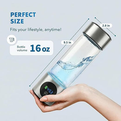 Upgrade Hydrogen Water Bottle, 16oz / 460ml Hydrogen Water Generator with SPE/PEM Tech, 5000PPB in 5 Min, Borosilicate Glass with LED Display, Rechargeable Leak-Proof Bottle for Gym, Office &Daily Use