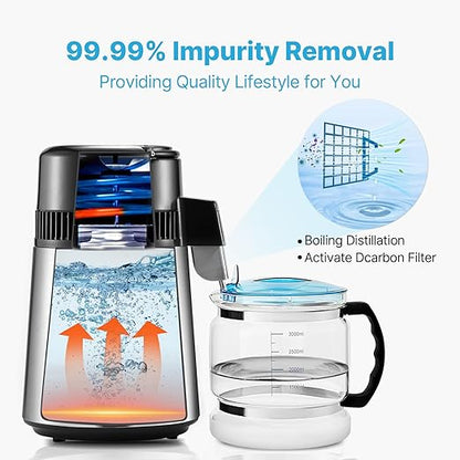 VEVOR Water Distiller, 4L/1.1 Gallon Pure Water Purifier Filter for Home Countertop, 750W Distilled Water Maker, Stainless Steel Interior Distiller Water Making Machine to Make Clean Water, Silver