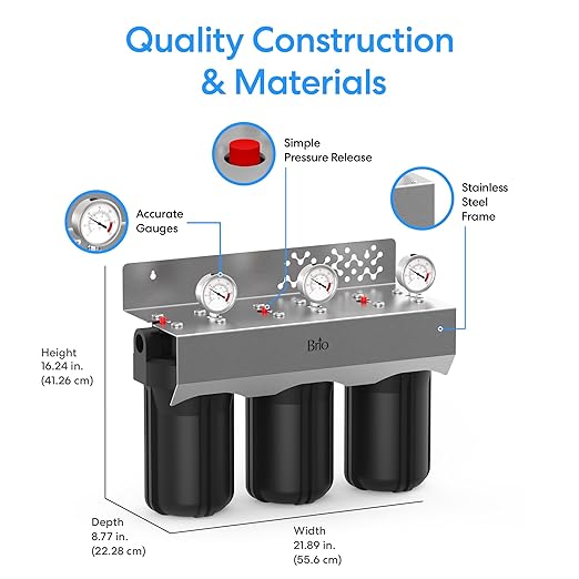 Brio Whole House Water Filter System w/Gauges | 3 Stage Fast-Flow Filtration (5 Micron Sediment, Carbon GAC, CTO Carbon Block) 4.5" x 10" Filters | Improves Taste, Protects Home Appliances | 720 GPH
