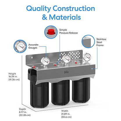 Brio Whole House Water Filter System w/Gauges | 3 Stage Fast-Flow Filtration (5 Micron Sediment, Carbon GAC, CTO Carbon Block) 4.5" x 10" Filters | Improves Taste, Protects Home Appliances | 720 GPH
