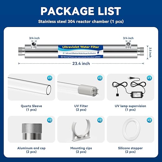 UV Water Filter Whole House, 3/4" MNPT Inlet/Outlet Water Purifier Filter System for Whole House Water Purification, 12GPM, 120V, +1 Extra Bulb