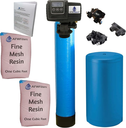 AFWFilters 2 cubic Foot (64k) Whole Home Iron Pro Water Softener with Fine Mesh Resin, 1" Plastic MNPT Connection, and Blue Tanks