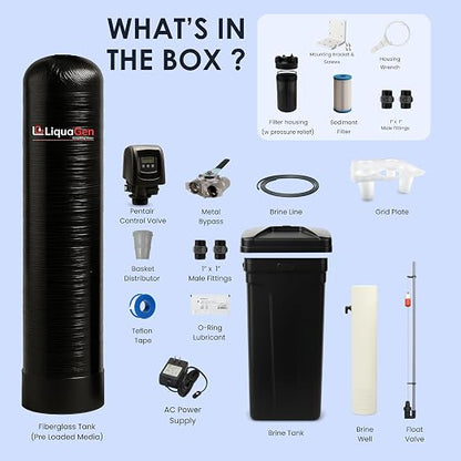 LiquaGen Whole House Salt-Based Water Softener System – Smart Digital Metered Valve with Pre-Loaded 10% Resin, Gravel Bed, Metal Bypass Valve + Sediment Pre-Filter (1-3 Bathrooms)