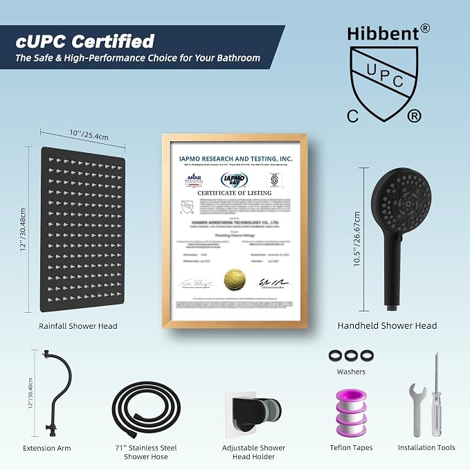 Hibbent 12'' All Metal CUPC Certified Shower Head, High Pressure Rainfall Shower Head, Handheld Showerhead Combo, 12'' Adjustable Extension Arm, 10-Spray, 71'' Hose, Showerhead Holder, Matte Black