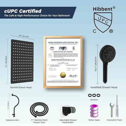 Hibbent 12'' All Metal CUPC Certified Shower Head, High Pressure Rainfall Shower Head, Handheld Showerhead Combo, 12'' Adjustable Extension Arm, 10-Spray, 71'' Hose, Showerhead Holder, Matte Black