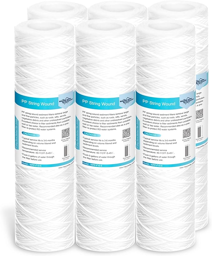 Membrane Solutions 20 Micron 10"x2.5" String Wound Whole House Water Filter Replacement Cartridge Universal Sediment Filters for Well Water - 6 Pack