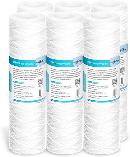 Membrane Solutions 20 Micron 10"x2.5" String Wound Whole House Water Filter Replacement Cartridge Universal Sediment Filters for Well Water - 6 Pack