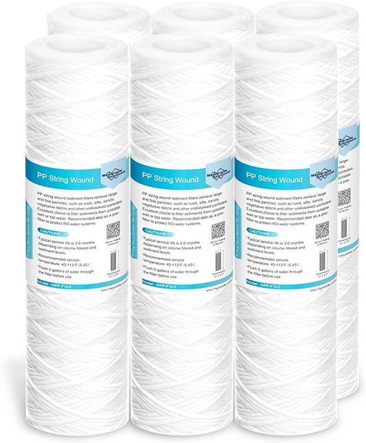 Membrane Solutions 20 Micron 10"x2.5" String Wound Whole House Water Filter Replacement Cartridge Universal Sediment Filters for Well Water - 6 Pack