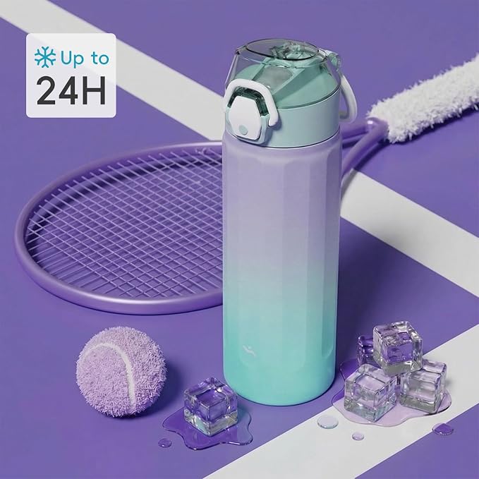 Konokyo FLOWPLAY 22oz Locking Push-Button Water Bottle with Silicone Spout,Leak-Proof,18/8 Stainless Steel Double-Wall Vacuum Insulated for Sports and Travel,BPA-Free,Oasis