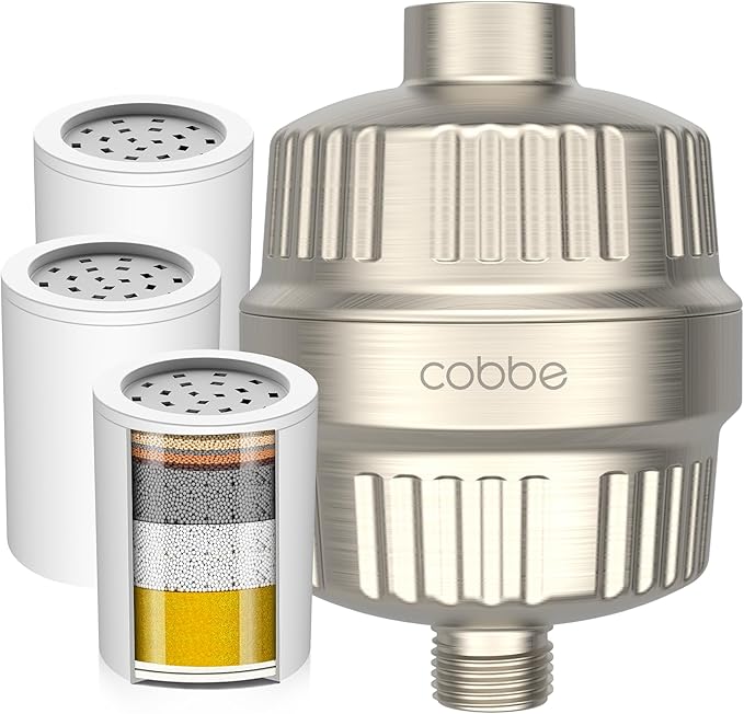 Cobbe High Output Shower Filter for Hard Water - 2 Replaceable Cartridges - Removing Chlorine and Harmful Substance, Dramatically Improves The Condition of Your Skin, Hair and Nails - Brushed Nickel