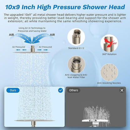 Hibbent cUPC Certified All Metal 10" Rainfall Showerhead Combo, High Pressure Shower Head with 10 Spray Handheld, Innovative 4-way Diverter with Pause Mode, 71'' Shower Hose and Holder, Brushed Nickel