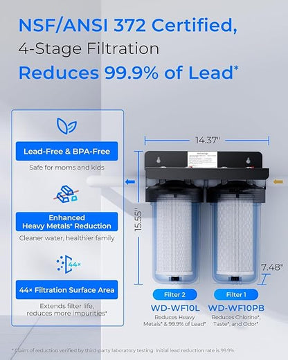 Waterdrop WHF21-PBL 2-Stage Whole House Water Filter System, 5 Micron | Highly Reduces Lead, PFAS and Heavy Metals, Taste, 5-Stage Filtration, with Carbon and Sediment Filter, 1" Inlet/Outlet