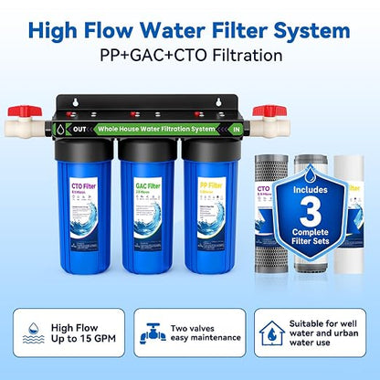 Whole House Filtration System,3-Stage Whole House Water Filter System,Reduces Chlorine Odor Bad Taste, Improves Skin Health, 3/4" Ports with 2 Valves, Extra 2 Sets of Replacement Filters