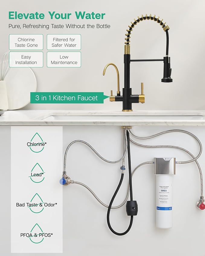 GIMILI 3 in 1 Kitchen Faucet with Pull Down Sprayer Black and Gold Two Handle Kitchen Sink Faucet with Under Sink Water Filter System Reduces PFAS, PFOA/PFOS, Lead, Chlorine, Bad Taste & Odor