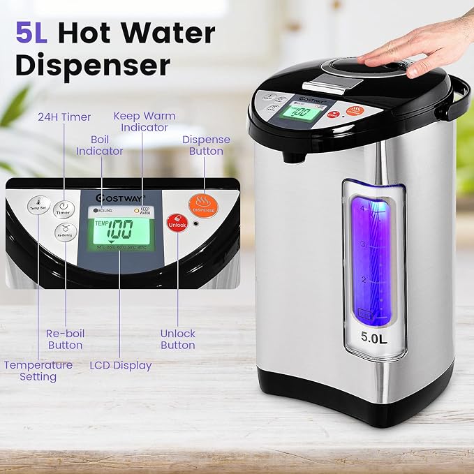 COSTWAY Instant Electric Hot Water Boiler and Warmer | 5-Liter LCD Water Pot with 5 Stage Temperature Settings, Safety Lock to Prevent Spillage, Stainless Steel Hot Water Dispenser