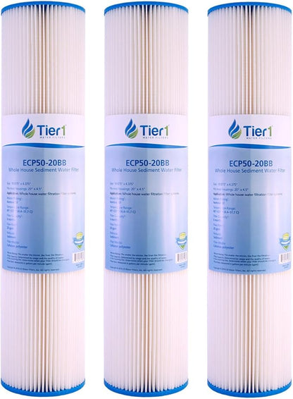 Tier1 50 Micron 20 x 4.5 Water Filter | Pleated Polyester Whole House Sediment Filter Cartridge | Replacement for Pentek ECP50-BB, 4PAY5, 255496-43 | High Flow 4.5 x 20 Entry Point Water Filter (3pk)
