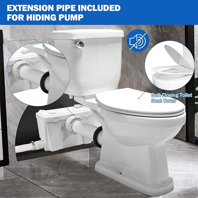 Macerating Toilet With Macerator Pump for Basement Upflush System, Included Water Tank, Elongated Toilet Bowl and Seat, Extension Pipe For Hide into the Wall, Household Residential Two-Piece Toilet