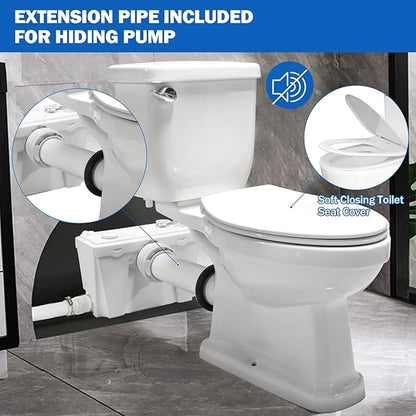 Macerating Toilet With Macerator Pump for Basement Upflush System, Included Water Tank, Elongated Toilet Bowl and Seat, Extension Pipe For Hide into the Wall, Household Residential Two-Piece Toilet