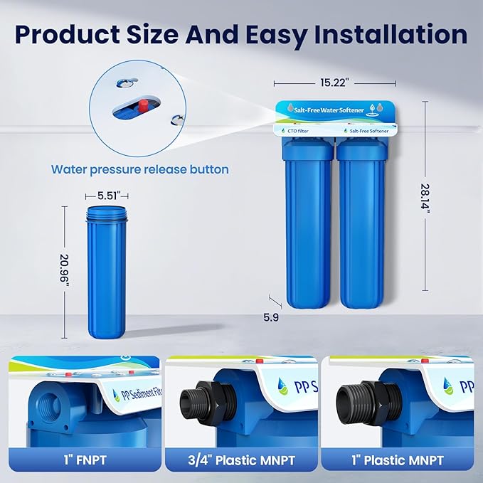 Whole House Salt Free Water Softener, Prevent Water Scale, Salt-Free Water Filter System, Salt-Free Water Softener Alternative, Without Salt and No Waste Water, Protect Appliances, 1" FNPT