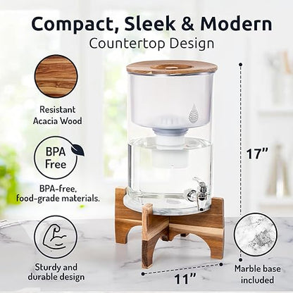Invigorated Water pH Recharge Glass Alkaline Water Dispenser Filter System - Countertop Purifier Pitcher for Home and Office - High pH Pure Drinking Water Filtration - 36 Cups (Acacia Marble Set)