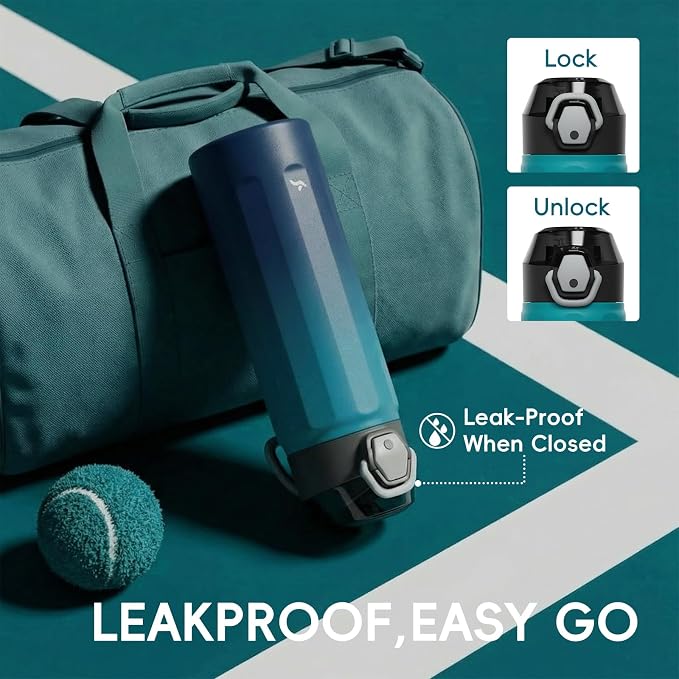 Konokyo FLOWPLAY 25oz Locking Push-Button Water Bottle with Silicone Spout,Leak-Proof,18/8 Stainless Steel Double-Wall Vacuum Insulated for Sports and Travel,BPA-Free,Sea
