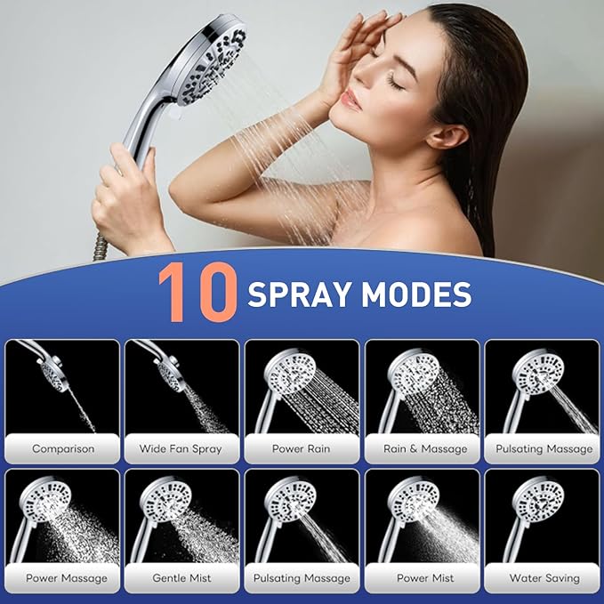 Filtered Shower Heads With Handheld Spray Combo,High Pressure 10 Spray Modes Rainfall Shower Wand,Flow Switch,Magnetic System,Detachable Shower Head With 62''Hose (Chrome)