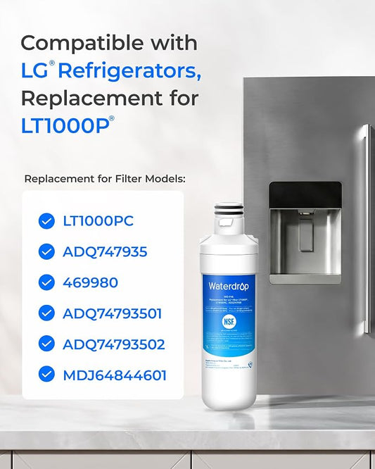 Waterdrop LT1000PC ADQ747935 MDJ64844601 Refrigerator Water Filter | Replacement for LG® LT1000P®/PC/PCS, ADQ74793501, ADQ74793502, 46-9980, 9980, LFXC24796S, LSFXC2496D, LMXS28626S, LMWS27626S